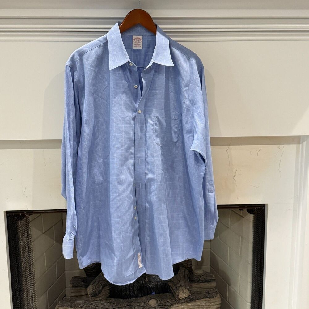Brooks Brothers Mens 17.5 35 Traditional Fit Non-Iron Cotton Blue Check Shirt